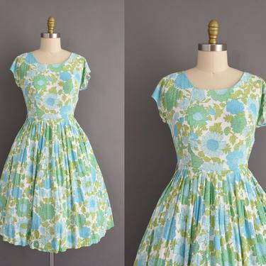 vintage 60s dress | Flair Miami Green & Blue Floral Print Full Skirt Summer Dress | Medium | 1960s vintage dress 
