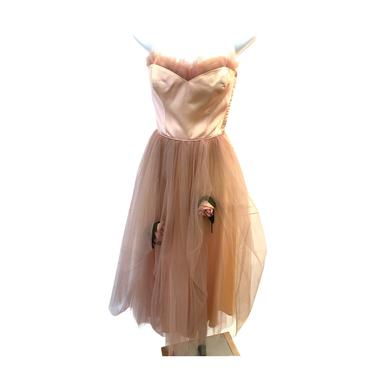 Vintage VTG 1950s 50s Pink Satin Tulle Cupcake Floral Shelf Bust Dress 