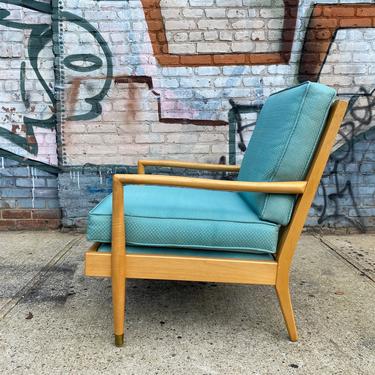 Vintage mid century modern Danish modern blonde maple lounge chair light blue cushions 