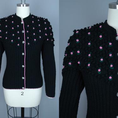 Vintage LANZ Cardigan | Vintage 70s does 40s Black Fitted Wool Sweater with Rosettes | small / medium 