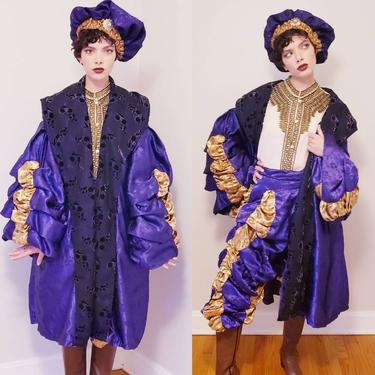 Vintage Costume Renaissance Courtier King Henry VIII Jester Fool/Purple Gold 3 Piece Suit Historical Royal Tudor Court Coat Breeches Cap XXL 