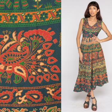 Indian Elephant Dress Bohemian Maxi Hippie Peacock Bird Y2K Sundress Animal Print Festival 00s Vintage Sleeveless High Waist Blue Medium 