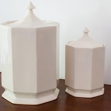 Pair of Lidded White Independence Ironstone Canisters 