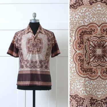 mens vintage 1970s shirt • psychedelic short sleeve brown &amp; white polyester hippie shirt 