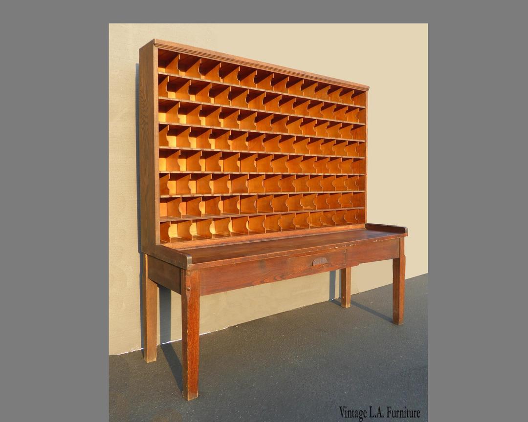 1932 Vintage Industrial Mail Slot File Hutch or Brown Wood