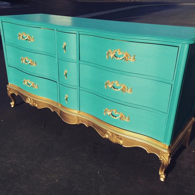 Aqua And Gold Dipped French Vintage Antique Dresser Nursery Baby