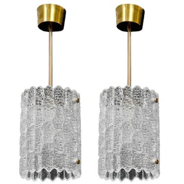 Mid Century Modern Crystal Pendant with Brass Hardware Lights by Carl Fagerlund for Orrefors - Pair