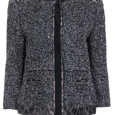 Elie Tahari - Grey Tweed Snap-Up Jacket w/ Leopard Print &amp; Leather Trim Sz 10