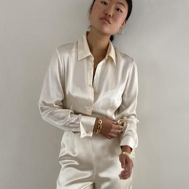 90s silk charmeuse blouse / vintage ivory liquid silk charmeuse champagne french cuffs blouse | S M 