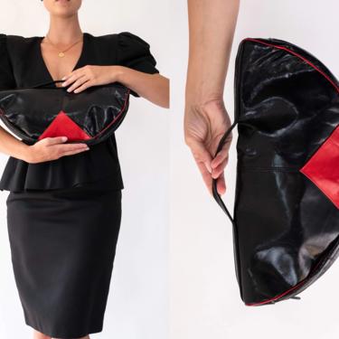 Vintage 80s Donna Altman Shiny Black & Red Triangle Leather Half Dome Clutch | Avant Garde, Streetwear, Boho Chic | 1980s Designer Handbag 