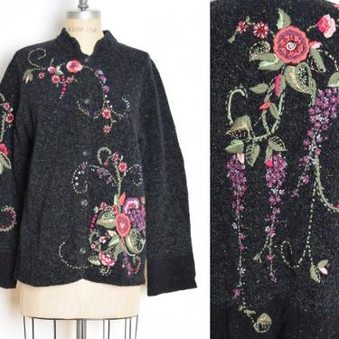 vintage 90s cardigan sweater gray wool cotton wisteria floral jumper top shirt L 