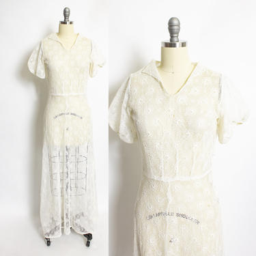 Vintage 1930s Dress Sheer Ivory Lac e Cotton Floral Maxi Gown Small S 