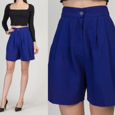 90s Royal Blue High Waist Shorts - XS to Small, 24&amp;quot;-27&amp;quot; | Vintage Rayon Plain Pleated Trouser Shorts 