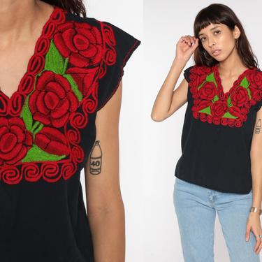 Mexican EMBROIDERED Blouse Black Hippie Top Floral Shirt Red Roses Print Boho Shirt FESTIVAL Tunic Bohemian Vintage Retro Small 
