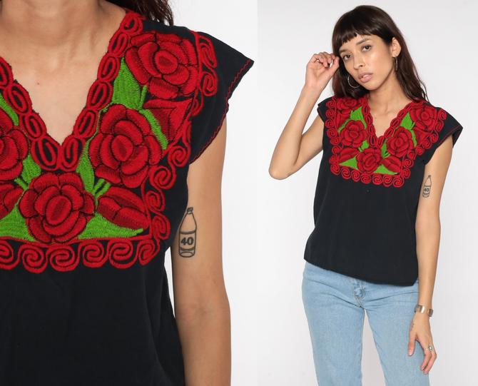 Embroidered Rose Psychedelic Floral Boho Gypsy Hindu Hippy S T-Shirt VTG  50s 60s