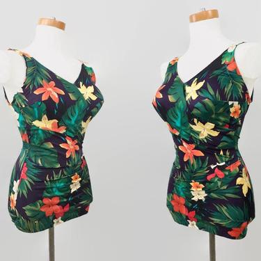 VINTAGE 70s Roxanne Bra Sized Swimsuit Retro 50's Style Tropical Print | Skirted Hips Modest | Pinup One Piece Swimwear | Hard Cups 12 34 DD 