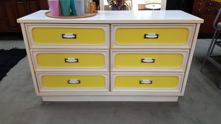 60s Mod White 6 Drawer Dresser with Reversible Yellow or Lime Green Fronts