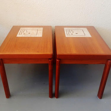 Vintage Danish Modern Teak Side Tables w Inset Tile - Set of 2 