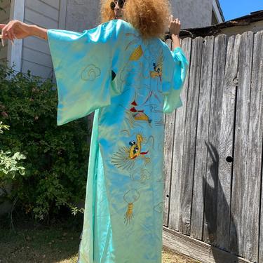 Vintage KIMONO Dragon Kimono, vintage Japanese silk Kimono with wrap turquoise blue dress robe nightie slip gown small medium large one size 