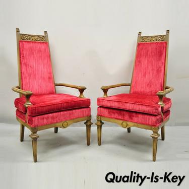 Vintage Italian Hollywood Regency Red High Back Lounge Arm Chairs - a Pair