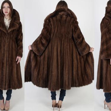 Full Length Mahogany Mink Coat / Womens Long Real Mink Fur Jacket / Vintage 80s Brown Swirl Sleeves / Luxurious Real Fur Pockets Overcoat 