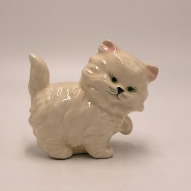 vintage white fluffy ceramic cat with green eyes 