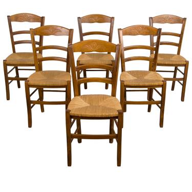Vintage Set of 6 Petite Country French Farmhouse Oak Dining Chairs W/ Rush Seats 