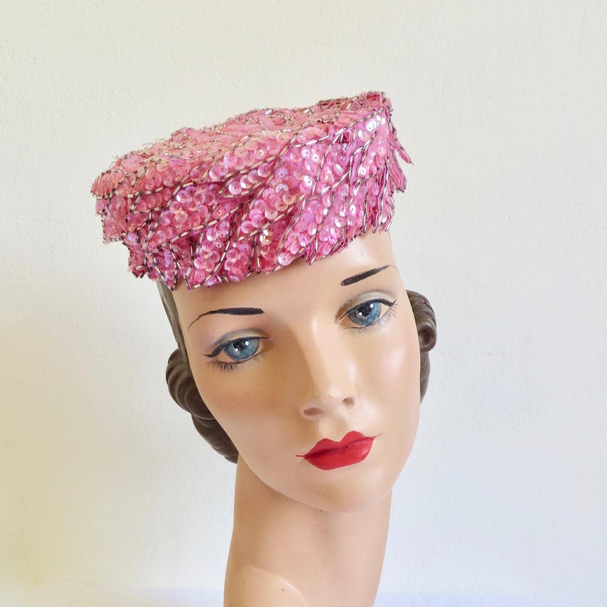 Vintage 1950s Patrice Model Pink Velvet Sequin Cocktail Hat The Way We Were Vintage added a... - The Way We Were Vintage main image 4