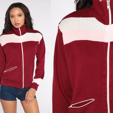 70s Knit Track Jacket Maroon Pink White Striped Jacket Zip Up Color Block Hipster Athletic Tennis 1970s Sport Vintage Tracksuit Small S 