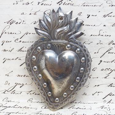 Vintage 3 1/4 Inch Silvered Ex Voto, Sacred Heart of Jesus Milagro from Latin America 