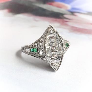 Art Deco 2.22ct t.w. Step Cut Trapezoid Diamonds With Green Emerald Accents Engagement Cocktail Ring Platinum 