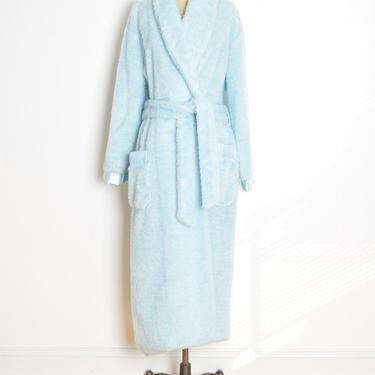 vintage 70s robe light blue faux fur wrap house coat plush fuzzy jacket L XL clothing 