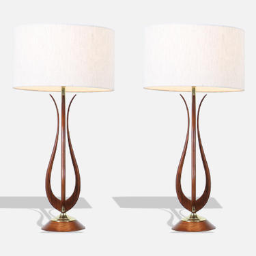 Mid-Century Modern Sculpted Walnut Table Lamps with Brass Accents