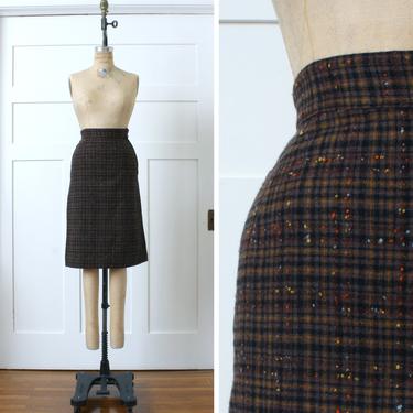 vintage 1950s pencil skirt • textured &amp; colorful flecked wool wiggle skirt • brown plaid 