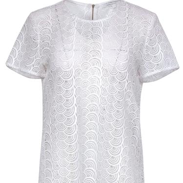 Diane von Furstenberg - White Sheer Swirly Embroidered Short Sleeve Top Sz 6