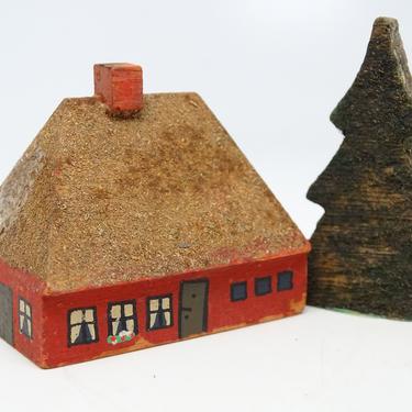 Vintage Toy German House with Tree, Hand Made of Wood and Hand Painted Antique Erzgebirge Toys 