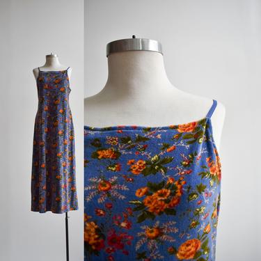 90s Long Blue Velour Floral Dress 