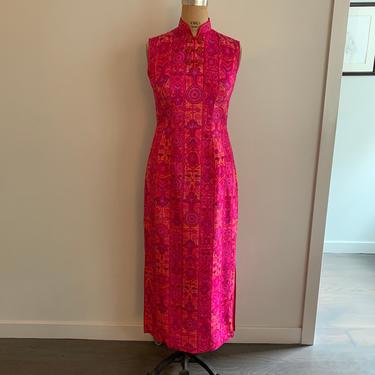 Bijou Fashions Fuchsia print silk ls cheongsam dress-Size M 