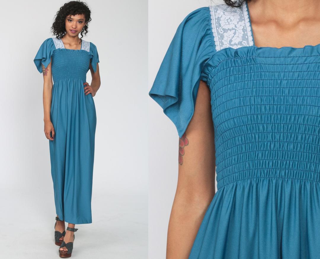Long Blue Dress 70s Boho Maxi Dress Smocked Dress Party | Shop Exile ...