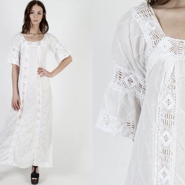 All White Mexican Wedding Dress / South American Crochet Lace Dress / Vintage 70s Ethnic Pintuck Dress / Half Bell Sleeves Maxi Dress 