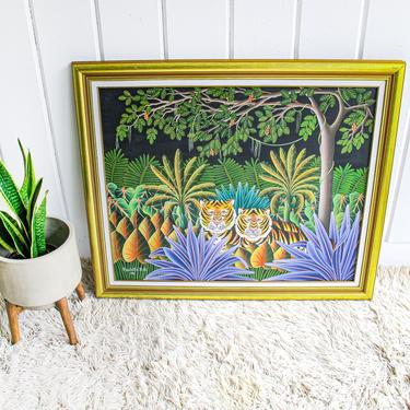 Large Vintage Haitian Jungle Painting with Wood Gold Painted Frame - By Poulette B.B. 1992 