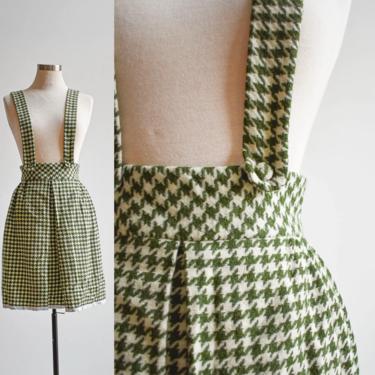 1960s Green &amp; White Houndstooth Tweed Jumper Dress 