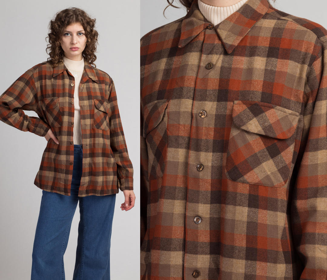 FlyingAppleVintage Medium 70s 80s Green Plaid Cotton Flannel Shirt Men's | Vintage Grunge Lumberjack Button Up Shirt