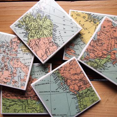 1947 Canada Vintage Map Coasters Set of 6 - Ceramic Tile - Repurposed 1940s Atlas - Handmade - North America 