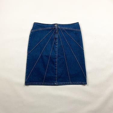 90s Stretch Denim Mini Skirt with Seam Details / Stripes / Size 12 / XL / Plus Size Vintage / Jean Skirt / y2k / Knee Length / 00s / 