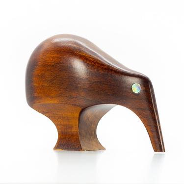 New Zealand Mid Century Hand Carved Meadswood Kiwi Bird with Paua Shell Eyes - mcm 