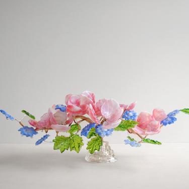 Vintage Glass Bonsai Tree, Pink and Blue Glass Flower Tree 