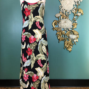 1990s maxi dress, Hawaiian print dress, vintage 90s dress, resort wear, black floral print, sleeveless sheath, medium, 1940s print, tiki, 27 