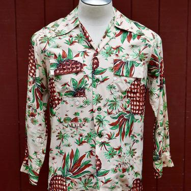 1940s / 50s Long Sleeve Cold Rayon Pineapple Print Hawaiian / Aloha Shirt Medium 