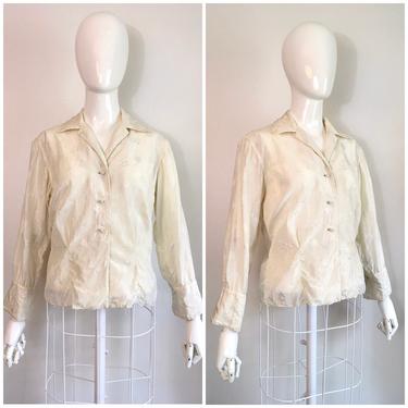 Vintage 1950s Asian Silk Blouse 50s Royal Crown Hong Kong Shirt 